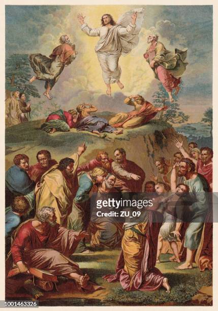 transfiguration, painted (1516/20) by raphael (1883-1520), chromolithograph, published in 1890 - religion stock illustrations