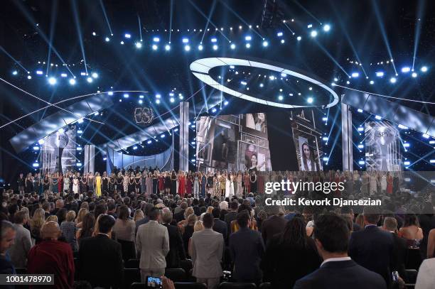 Host Danica Patrick, Sarah Klein, Tiffany Thomas Lopez, Aly Raisman and recipients of the Arthur Ashe Award for Courage speak onstage at The 2018...