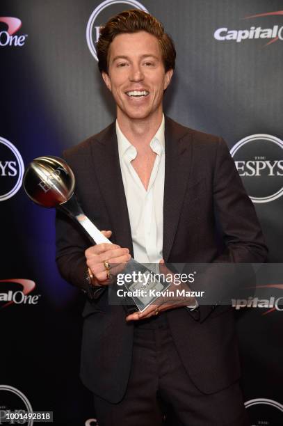 Snowboarder Shaun White poses with the award for Best Male U.S. Olympian during The 2018 ESPYS at Microsoft Theater on July 18, 2018 in Los Angeles,...