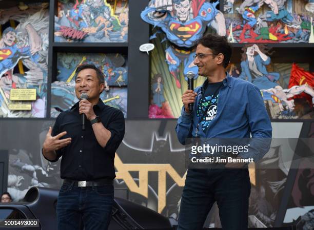 Jim Lee and Craig Hunegs deliver welcoming remarks during The DC UNIVERSE Experience at Comic-Con International: Preview Event on July 18, 2018 in...