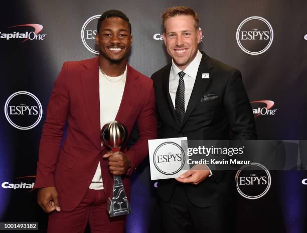 Players Stefon Diggs and Case Keenum pose with the award for Best Moment during The 2018 ESPYS at Microsoft Theater on July 18, 2018 in Los Angeles,...