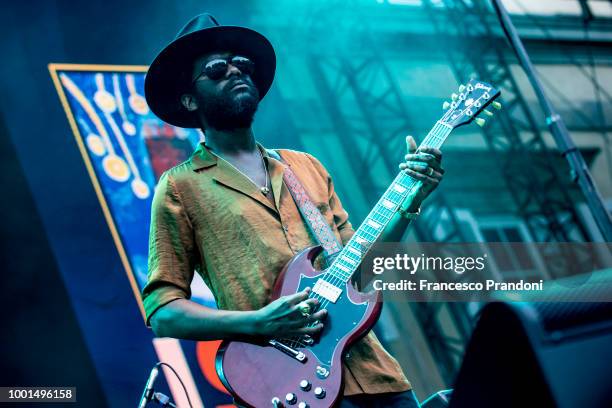 Gary Clark Jr. Performs as the opening act for Lenny Kravitz during the Lucca Summer Festival at Piazza Napoleone on July 18, 2018 in Lucca, Italy.