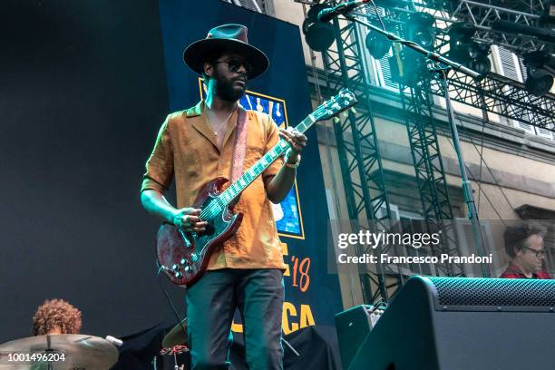 Gary Clark Jr. Performs as the opening act for Lenny Kravitz during the Lucca Summer Festival at Piazza Napoleone on July 18, 2018 in Lucca, Italy.