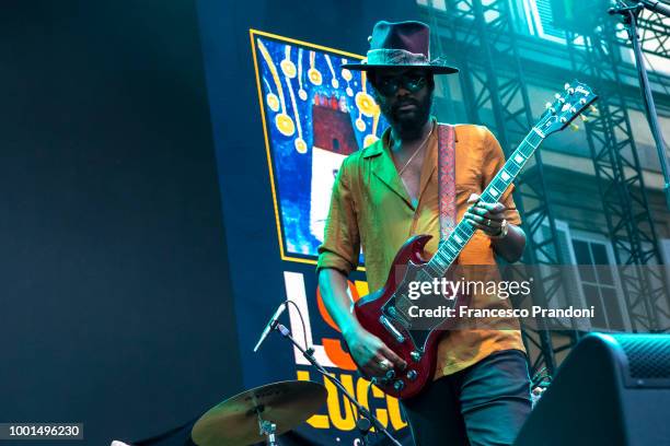 Gary Clark Jr. Performs as the opening act for Lenny Kravitz during the Lucca Summer Festival at Piazza Napoleone on July 18, 2018 in Lucca, Italy.