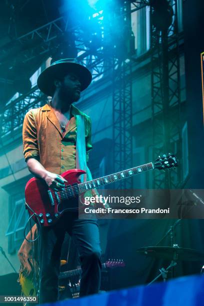 Gary Clark Jr. Performs as the opening act for Lenny Kravitz during the Lucca Summer Festival at Piazza Napoleone on July 18, 2018 in Lucca, Italy.