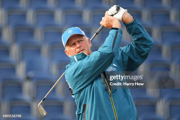Sandy Lyle of Scotland plays his shot from the third tee during the first round of the 147th Open Championship at Carnoustie Golf Club on July 19,...