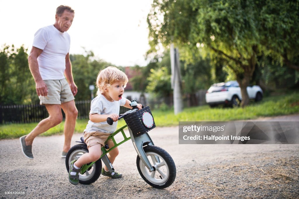 A small toddler boy with his grandfather riding a balance bike outdoors.