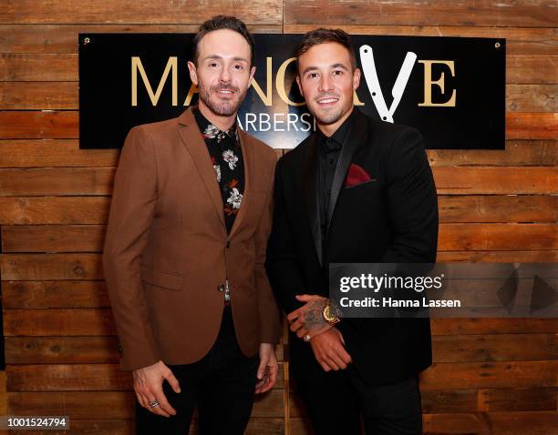 Donny Galella and Grant Crapp attend the ManCave Barbershop Chatswood Chase Launch on July 19, 2018 in Sydney, Australia.