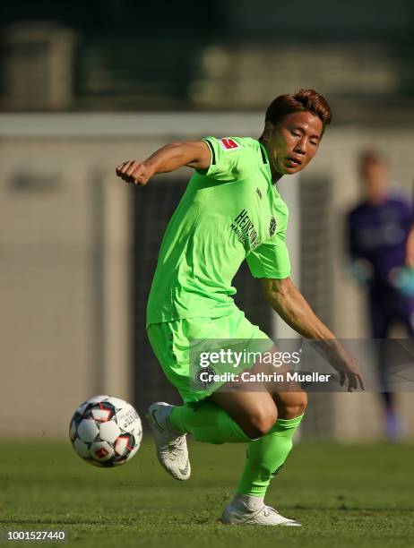 Takuma Asano of Hannover in action during the pre-season friendly match between Hannover 96 and FSV Wacker 90 Nordhausen at Hannover Akademie on July...