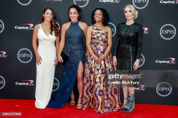 Aly Raisman, Jordyn Wieber, Tiffany Thomas Lopez and Sarah Klein attend the 2018 ESPYS at Microsoft Theater on July 18, 2018 in Los Angeles,...