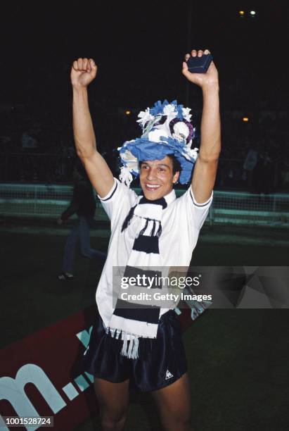 Spurs defender Chris Hughton celebrates with his medal after the 1981 FA Cup Final Replay victory against Manchester City at Wembley Stadium on May...
