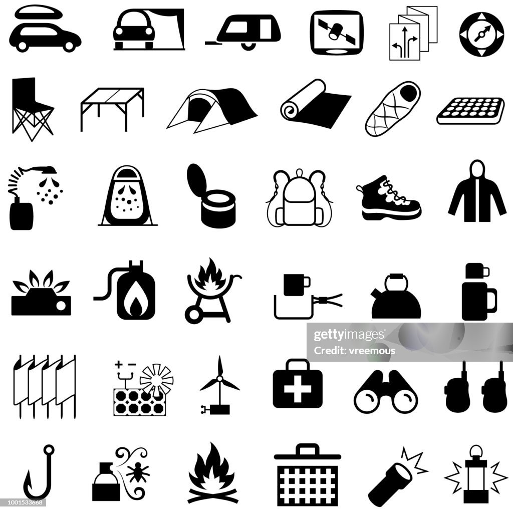 Camping Hiking and Picnic Equipment Icons