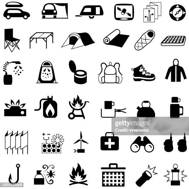 camping hiking and picnic equipment icons - gas stove burner stock illustrations