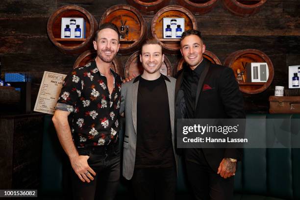 Donny Galella, Matthew Mitcham and Grant Crapp attend the ManCave Barbershop Chatswood Chase Launch on July 19, 2018 in Sydney, Australia.
