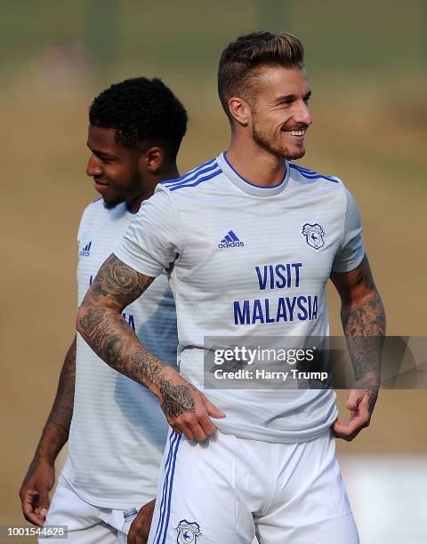 Joe Bennett of Cardiff City smiles during the Pre-Season Friendly match between Bodmin Town and Cardiff City at Priory Park on July 18, 2018 in...