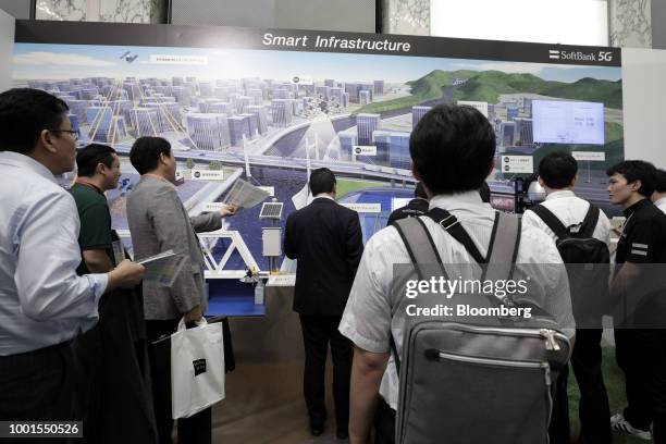 Attendees look at a display featuring SoftBank Group Corp.'s smart infrastructure solution and 5G wireless network technology at the SoftBank World...