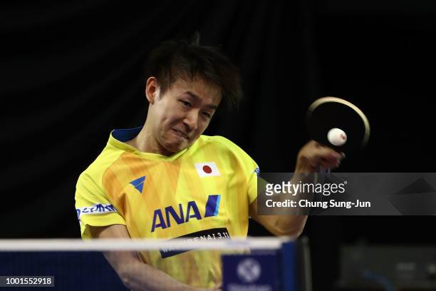 Koki Niwa of Japan competes against Jeong San-Geun of South Korea in the Men's Single round of 32 on day one of the Shinhan Korea Open at Daejeon...