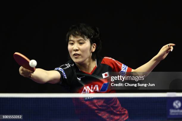 Miu Hirano of Japan competes against Saki Shibata of Japan in the Women Single round of 32 on day one of the Shinhan Korea Open at Daejeon Hanbat...