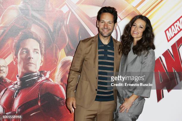 Actor Paul Rudd and Evangeline Lilly attend 'Ant-Man And The Wasp' photocall at Hotel De Russie on July 19, 2018 in Rome, Italy.