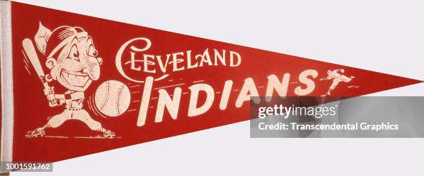 Pennant promotes the Cleveland Indians baseball team , Cleveland, Ohio, 1950s. It features an image of the team's mascot 'Chief Wahoo.'