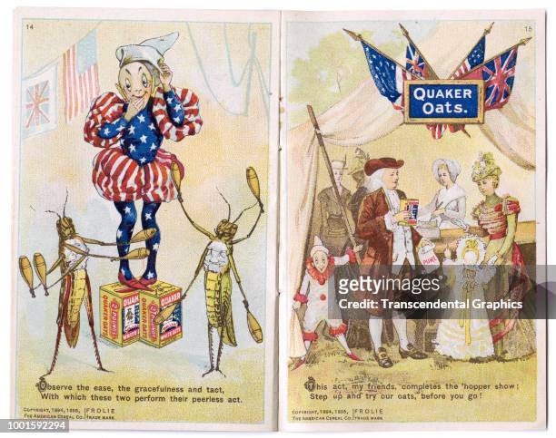 View of pages thirteen and fourteen of 'The Frolie Grasshopper Circus,' a pamphlet that advertises Quaker Oats cereal with pixies and grasshoppers,...