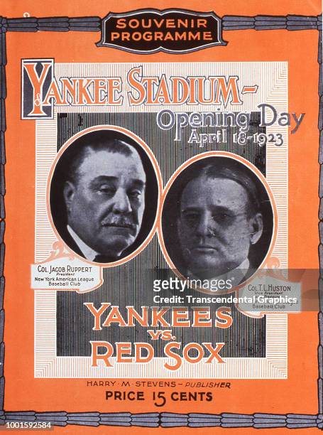 The cover of a 'souvenir programme' for the Opening Day of the baseball season at Yankee Stadium, New York, New York, April 18, 1923. The cover...