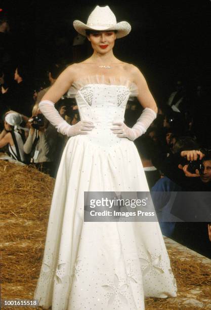 Isabella Rossellini models Betsy Johnson circa 1995 in New York.