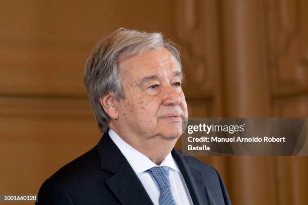 Secretary-General of the United Nations Antonio Guterres looks on during an offical visit to Costa Rica at Escuela Buenaventura Corrales on July 16,...