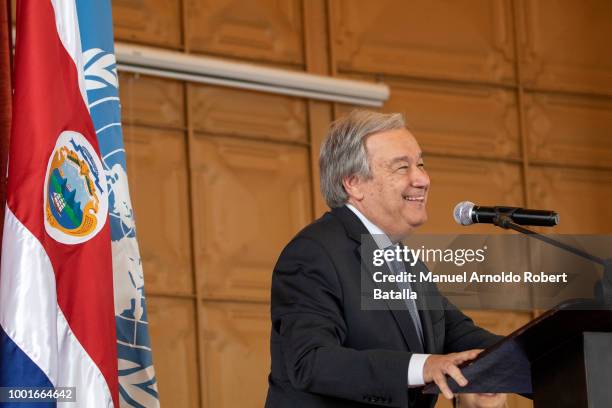 Secretary-General of the United Nations Antonio Guterres gives a speech during an offical visit to Costa Rica at Escuela Buenaventura Corrales on...