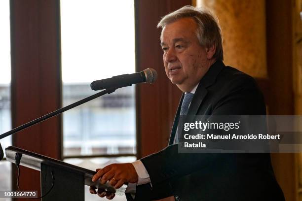 Secretary-General of the United Nations Antonio Guterres gives a speech during an offical visit to Costa Rica at Escuela Buenaventura Corrales on...