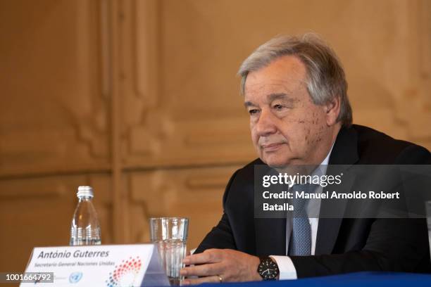 Secretary-General of the United Nations Antonio Guterres looks on during an offical visit to Costa Rica at Escuela Buenaventura Corrales on July 16,...