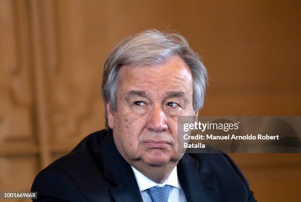 Secretary-General of the United Nations Antonio Guterres looks on during an offical visit to Costa Rica at Escuela Buenaventura Corrales on July 16,...