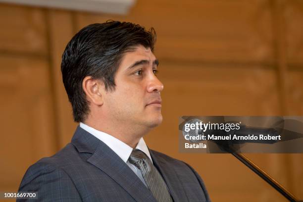 President of Costa Rica Carlos Alvarado gives a speech during Secretary-General of the United Nations Antonio Guterres offical visit to Costa Rica at...