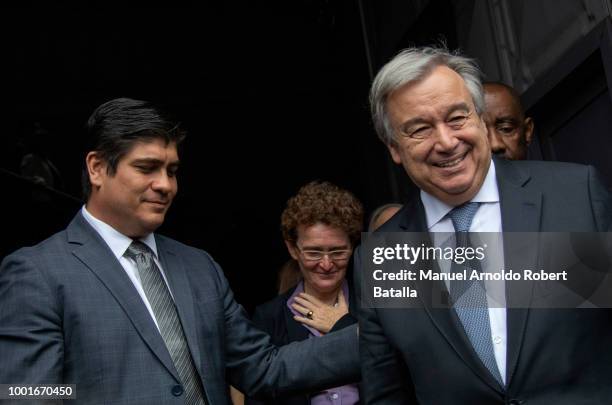 Secretary-General of the United Nations Antonio Guterres and Presidente of Costa Rica Carlos Alvarado leave Escuela Buenaventura Corrales during a...