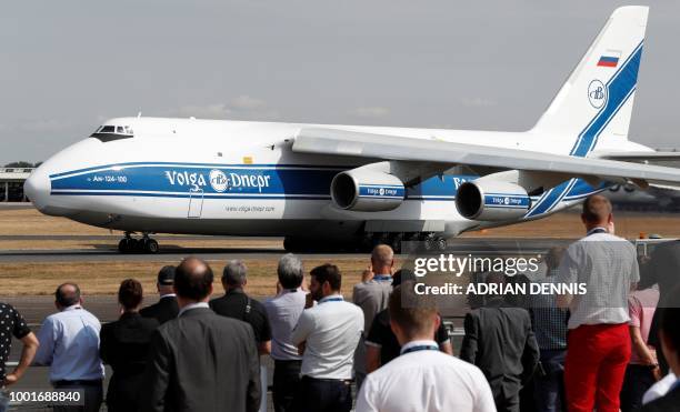 An Antonov An-124 Ruslan cargo aircraft prepares to take-off at the Farnborough Airshow, south west of London, on July 19, 2018.