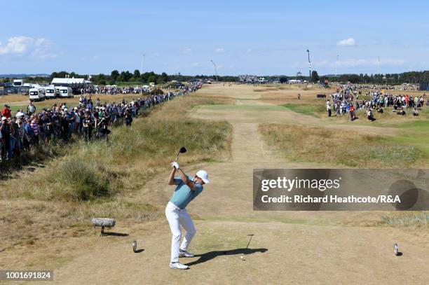 Jordan Spieth of the United States tees off at the 6th hole during round one of the 147th Open Championship at Carnoustie Golf Club on July 19, 2018...