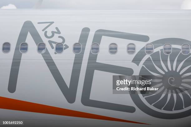 Detail of EasyJet's Airbus A321 NEO at the Farnborough Airshow, on 18th July 2018, in Farnborough, England.