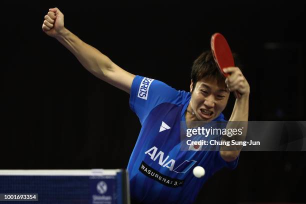 Jun Mizutani of Japan competes against Ning Gao of China in the Men's Single on day one of the Shinhan Korea Open at Daejeon Hanbat Stadium on July...