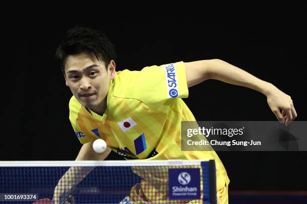 Yuya Oshima of Japan competes against Jin Ueda of Japan in the Men's Single on day one of the Shinhan Korea Open at Daejeon Hanbat Stadium on July...