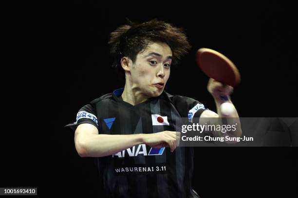 Masataka Morizono of Japan competes against Xin Xu of China in the Men's Single on day one of the Shinhan Korea Open at Daejeon Hanbat Stadium on...