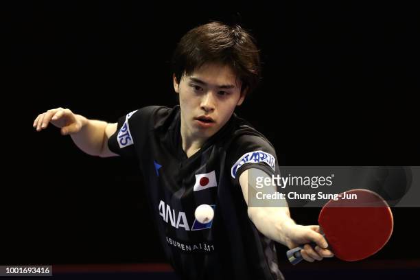 Masataka Morizono of Japan competes against Xin Xu of China in the Men's Single on day one of the Shinhan Korea Open at Daejeon Hanbat Stadium on...