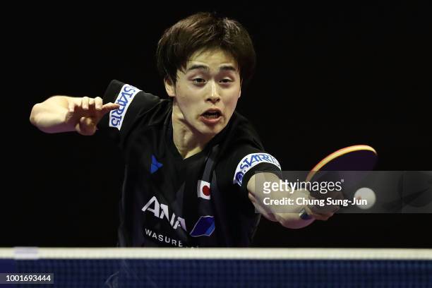 Masataka Morizono of Japan competes against Xin Xu of China in the Men's Single on day one of the Shinhan Korea Open at Daejeon Hanbat Stadium on...