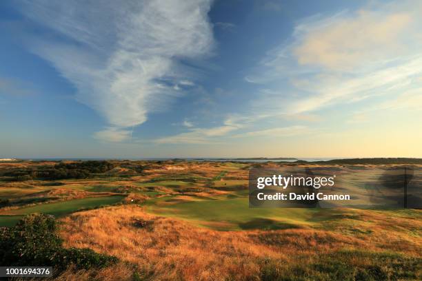 View from behind the green on the 431 yards par 4, ninth hole 'Tavern' with the par 4, 15th hole 'Skerries' in the distance on the Dunluce Links at...