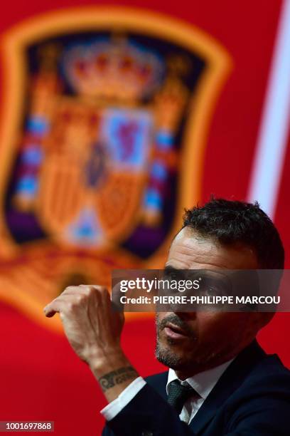 Spain's new coach Luis Enrique talks to the press during his official presentation as Spain's national football team new coach on July 19, 2018 at...