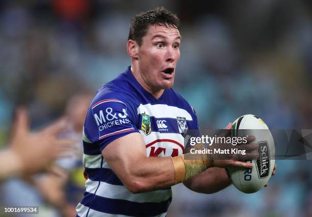 Josh Jackson of the Bulldogs runs with the ball during the round 19 NRL match between the Parramatta Eels and the Canterbury Bulldogs at ANZ Stadium...