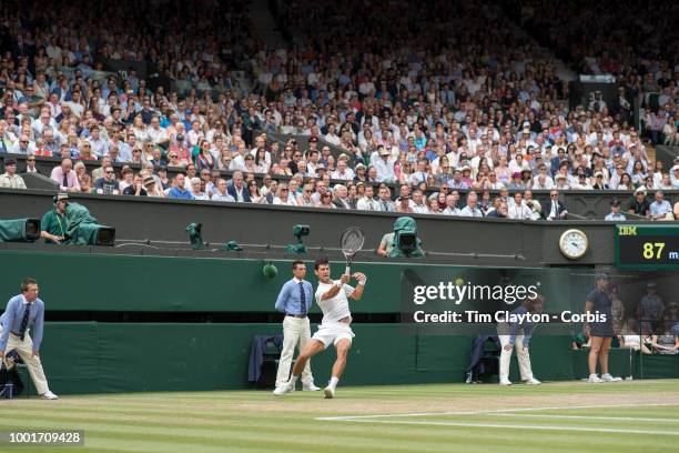 Novak Djokovic of Serbia in action against Rafael Nadal of Spain in the Men's Singles Semi-final on Center Court during the Wimbledon Lawn Tennis...