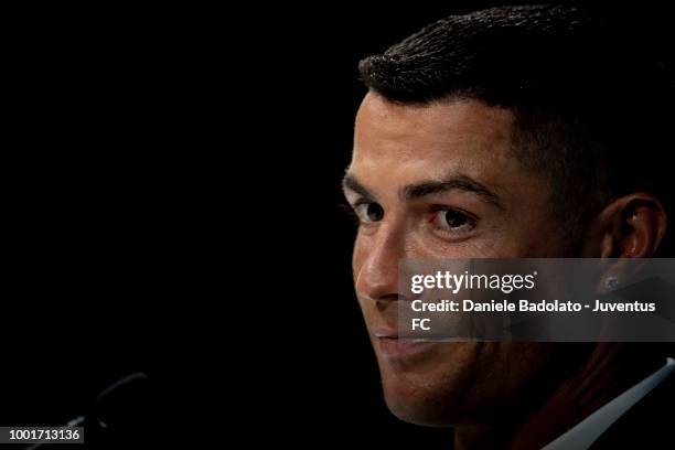 Juventus new signing Cristiano Ronaldo attends a press conference at Allianz Stadium on July 16, 2018 in Turin, Italy.