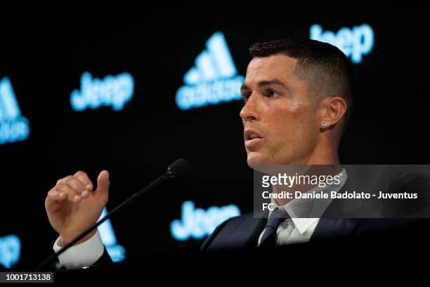 Juventus new signing Cristiano Ronaldo attends a press conference at Allianz Stadium on July 16, 2018 in Turin, Italy.
