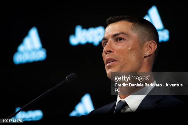 Juventus new signing Cristiano Ronaldo attends a press conference at Allianz Stadium on July 16, 2018 in Turin, Italy.