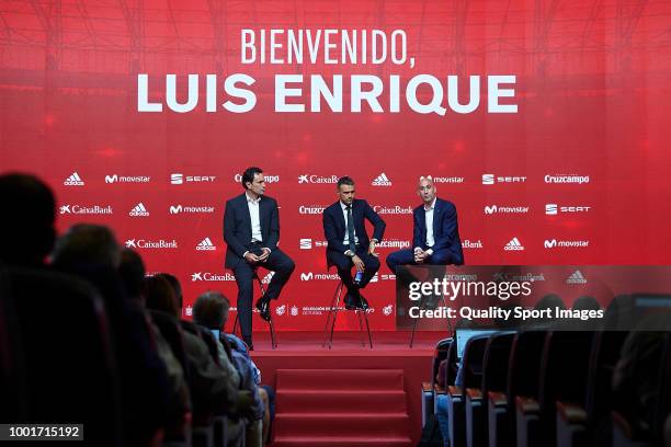 Luis Enrique Martinez speaks next to Luis Manuel Rubiales , President of Spanish Royal Football Federation and Jose Francisco Molina during Luis...